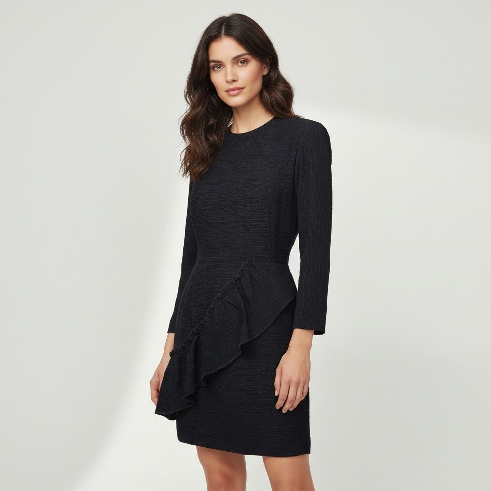 Sandro Paris Black Crinkle Textured Asymmetrical Ruffle Mini Dress Size 3 LBD